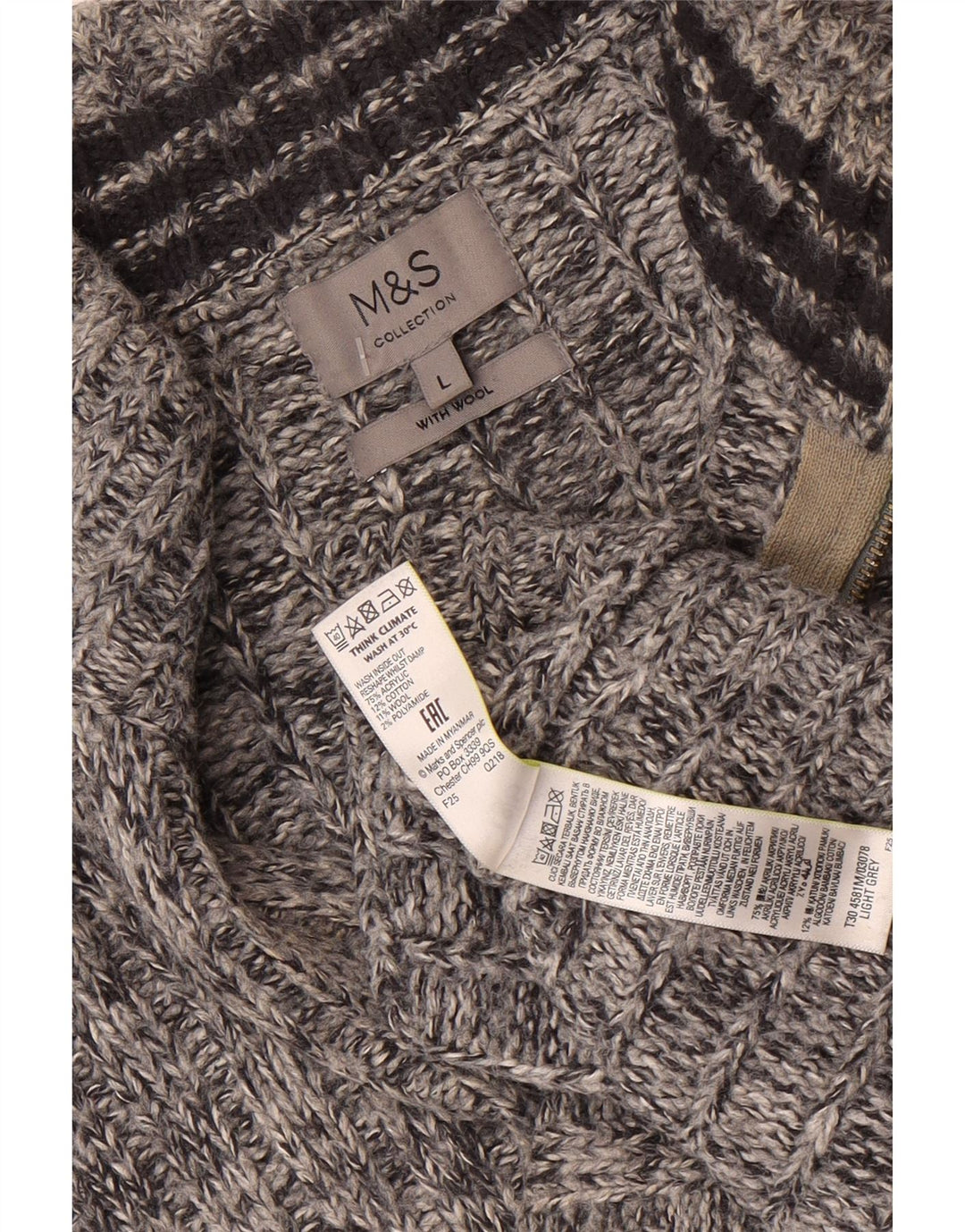 Suéter feminino Marks & Spencer com zíper e gola redonda Reino Unido 16 grande cinza manchado