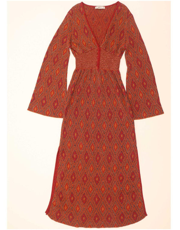 Vestido maxi feminino de malha de manga comprida Zara Reino Unido 12 médio vermelho geométrico