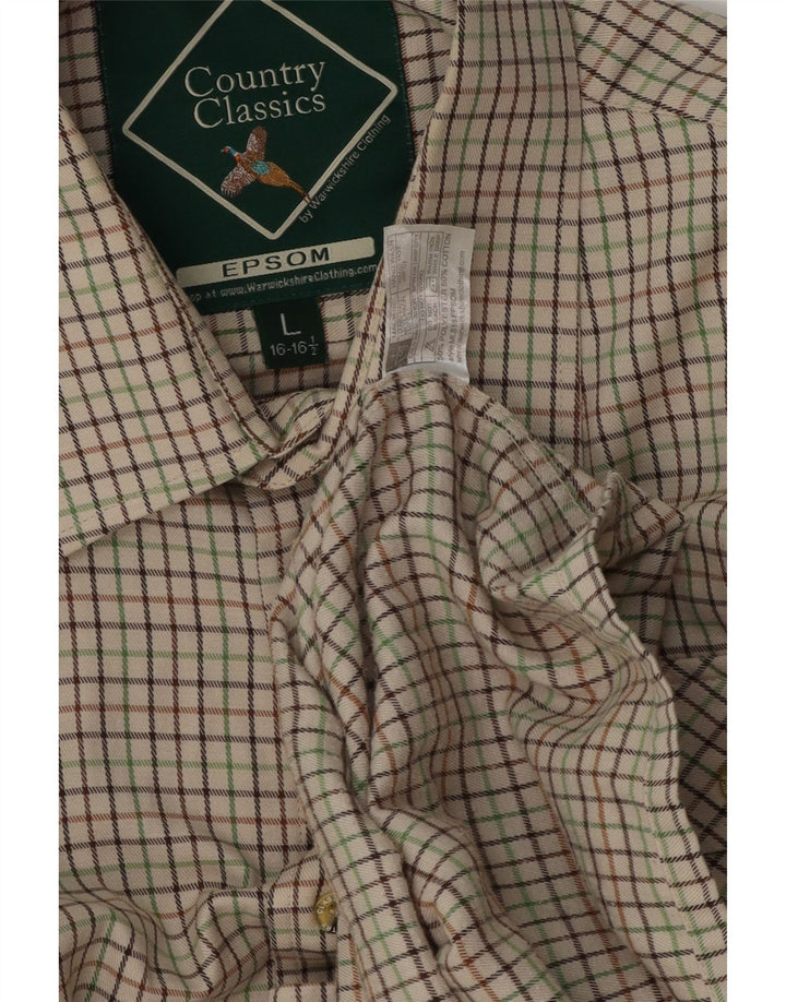 Camisa masculina vintage tamanho 16 1/2 grande poliéster xadrez bege