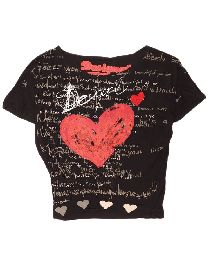 Desigual Camiseta Feminina Oversized Gráfica Top UK 14 Médio Preto Viscose
