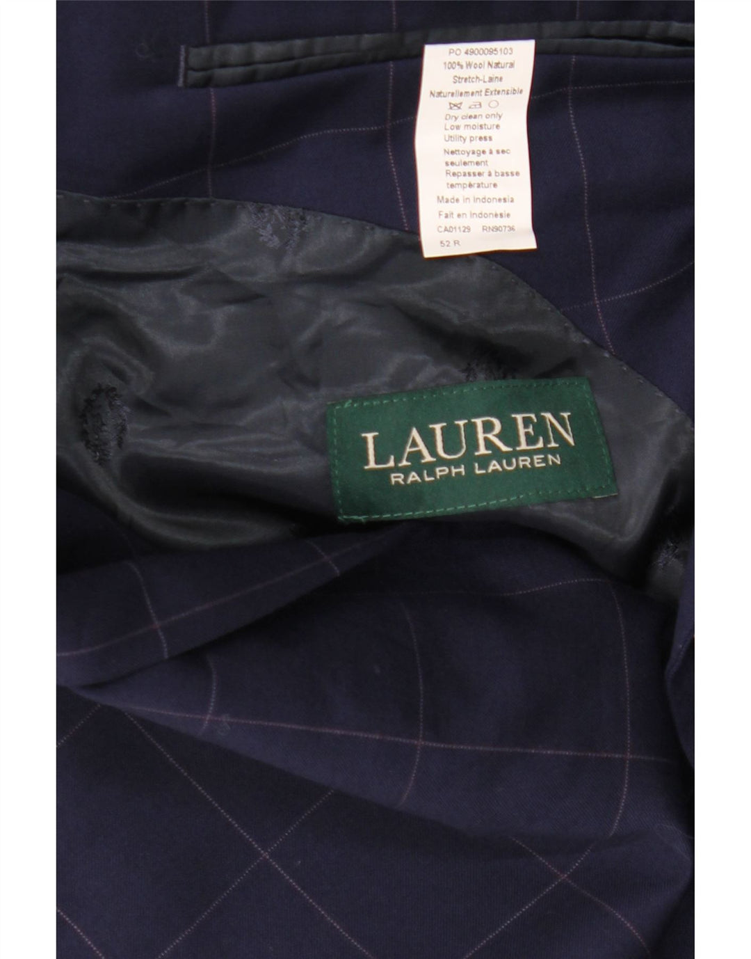 Ralph Lauren Jaqueta blazer masculina de 2 botões IT 52 grande lã xadrez azul marinho