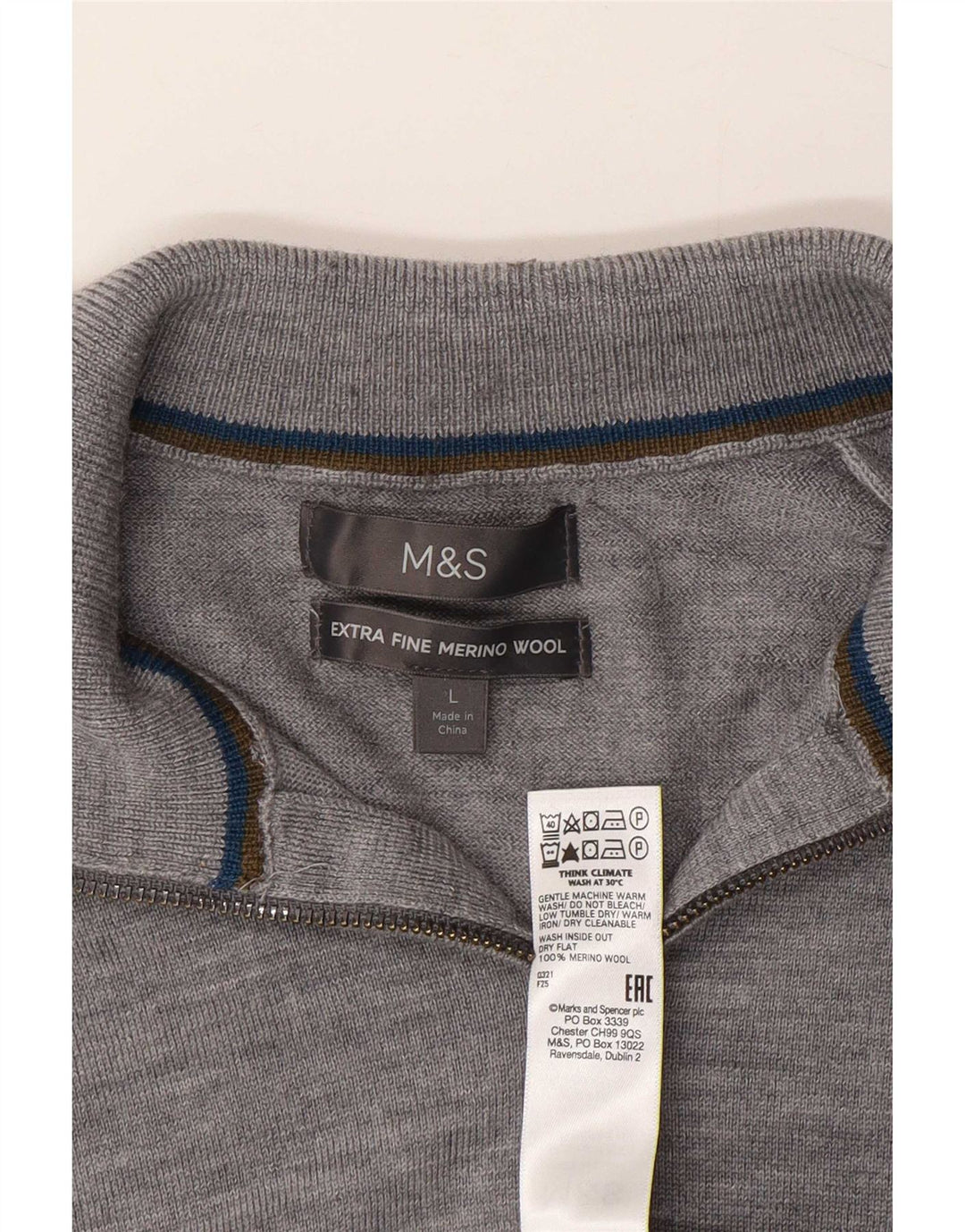 Suéter masculino Marks & Spencer com zíper e gola alta lã Merino cinza grande
