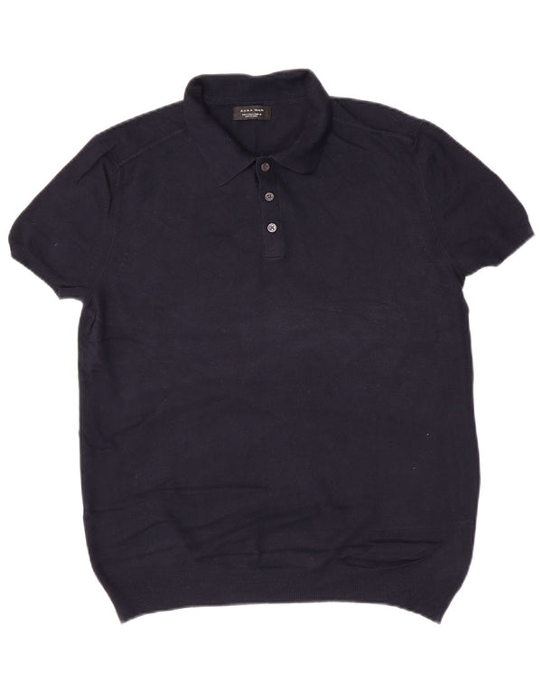 Zara Suéter masculino de manga curta com gola polo grande azul marinho