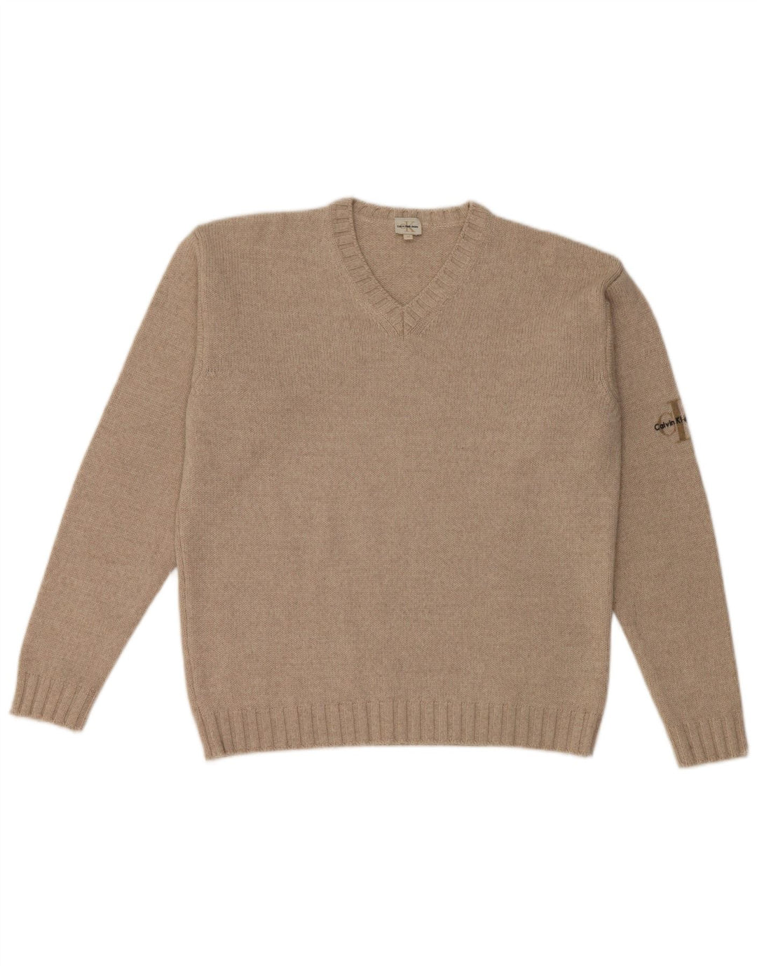 Suéter masculino Calvin Klein com decote em V, lã Merino bege médio