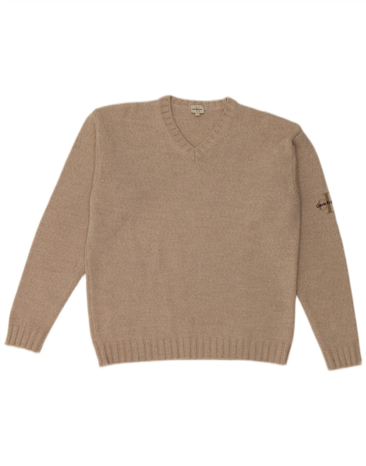 Suéter masculino Calvin Klein com decote em V, lã Merino bege médio