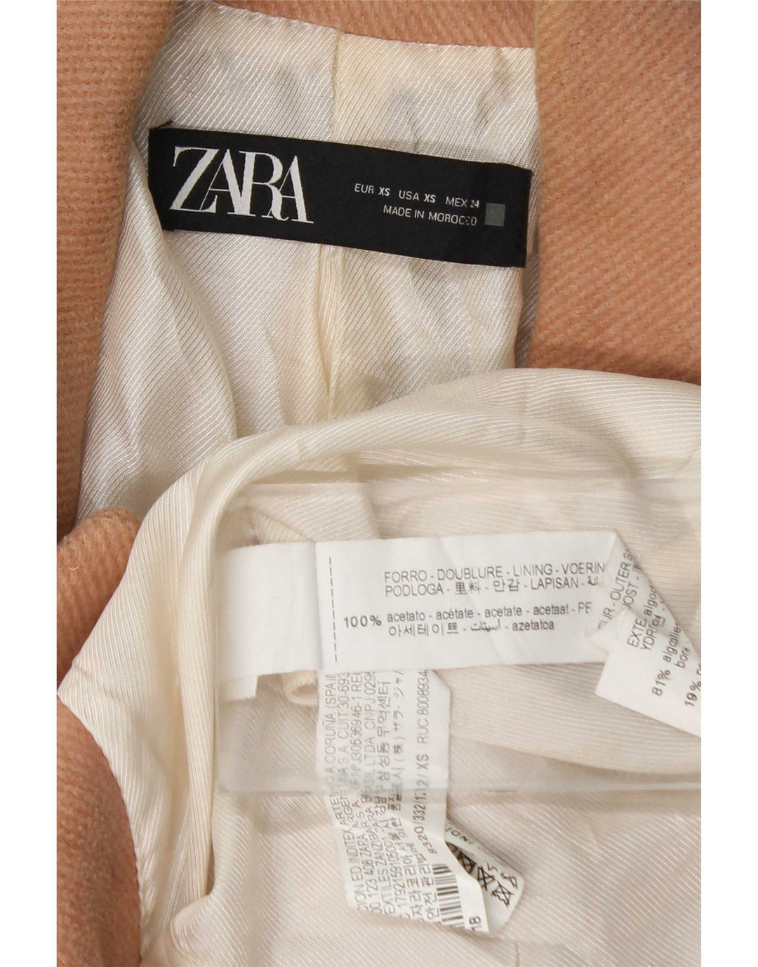 Zara Casaco feminino oversized com peito duplo Reino Unido 6 XS algodão rosa