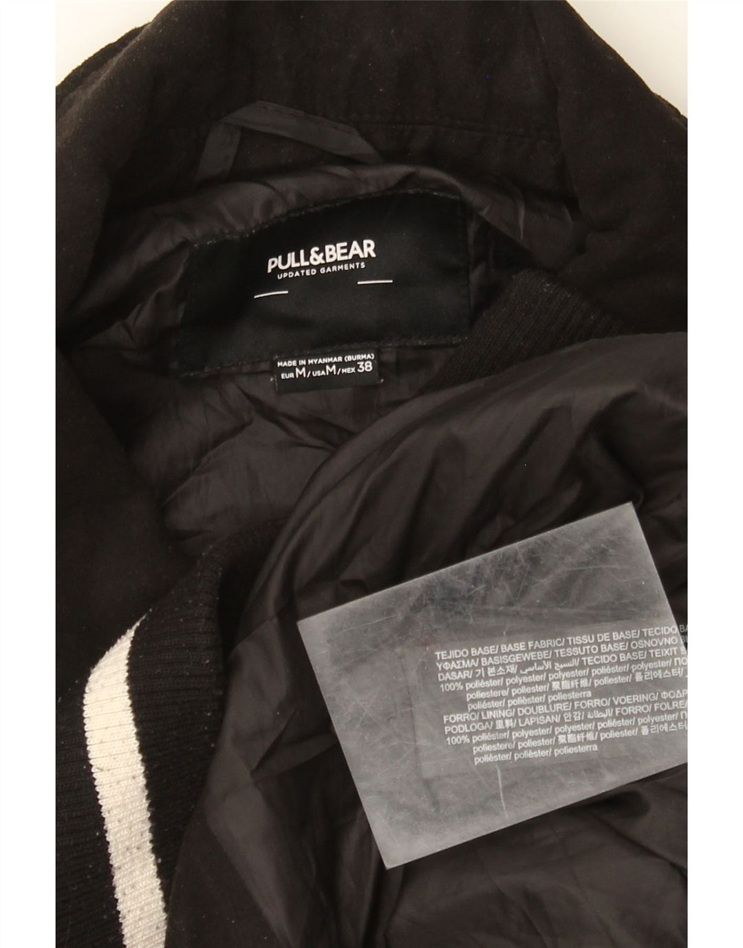 Jaqueta masculina Pull & Bear Paris Varsity Reino Unido 38 bloco colorido preto médio