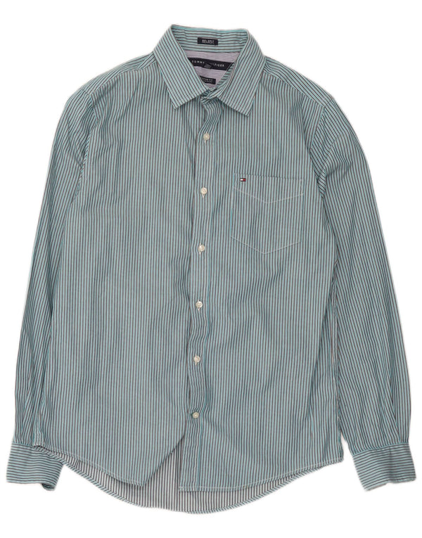 Camisa masculina Tommy Hilfiger Custom Fit pequena listrada azul de algodão