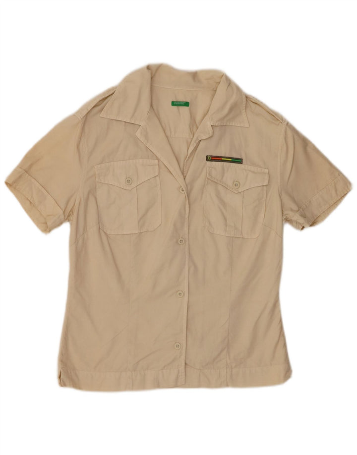 Camisa feminina de manga curta Benetton UK 12 algodão bege médio