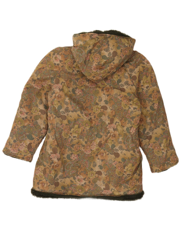 Jaqueta vintage feminina Sherpa Parka com capuz Reino Unido 12 médio floral multicolorido