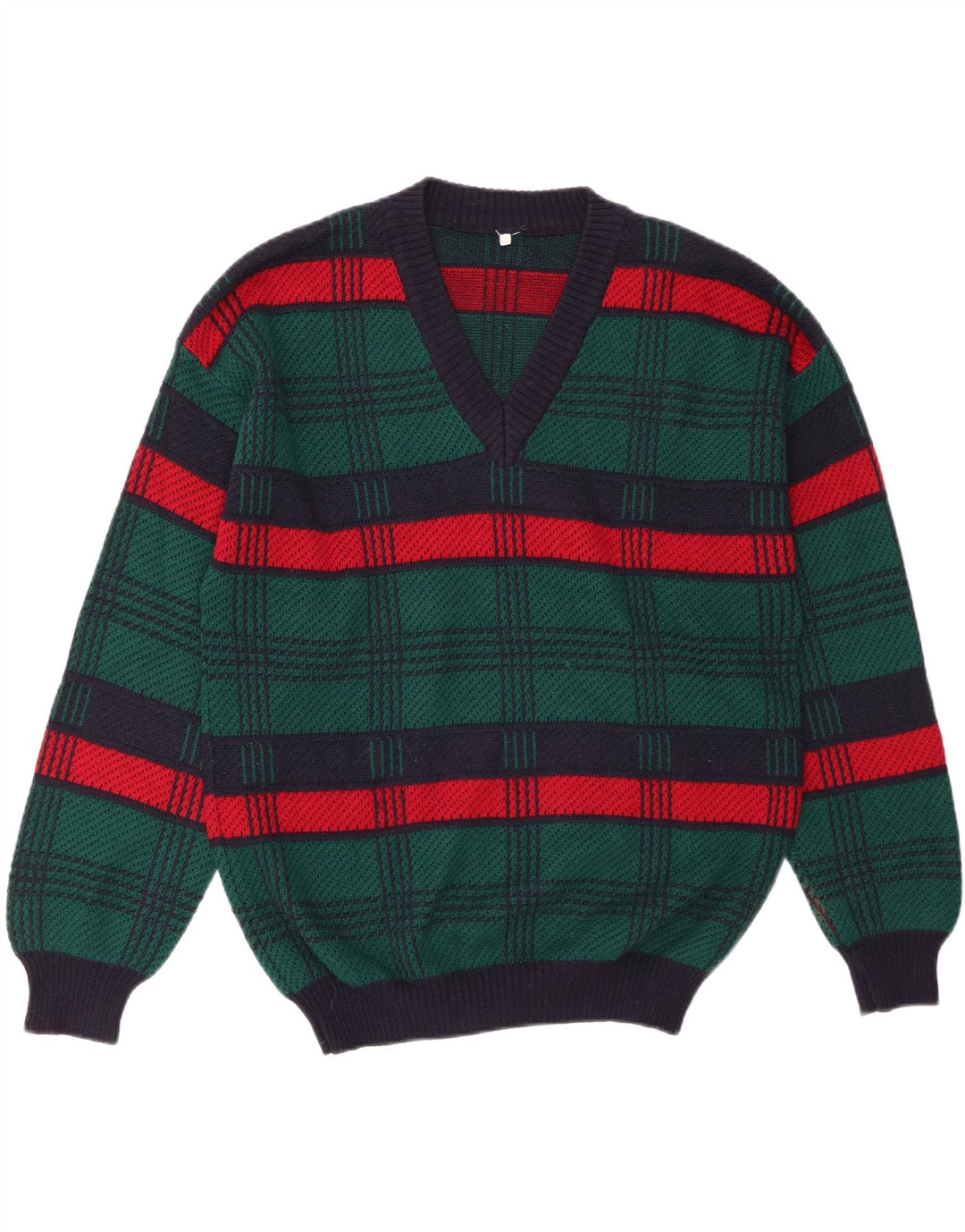 Suéter masculino VINTAGE com decote em V grande lã listrada verde