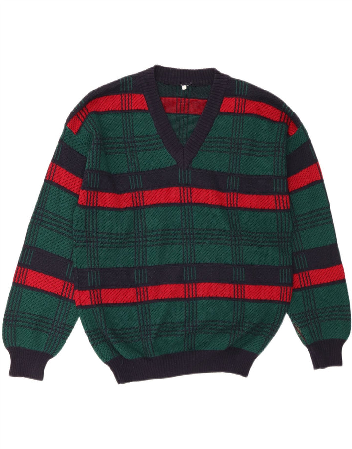 Suéter masculino VINTAGE com decote em V grande lã listrada verde