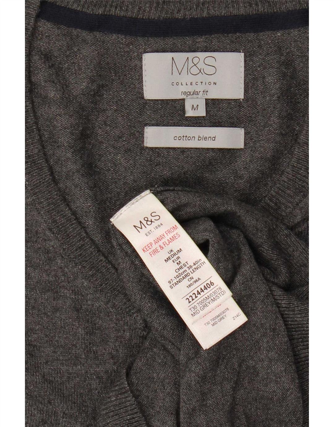 Suéter masculino Marks & Spencer com ajuste regular e decote em V, algodão cinza médio