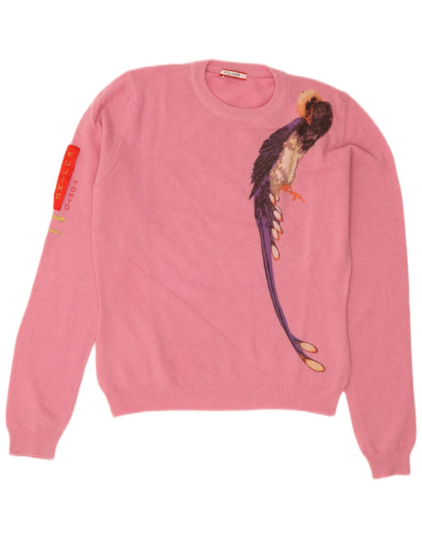 Suéter feminino vintage com gola redonda e gola redonda UK 10 pequeno pássaro rosa