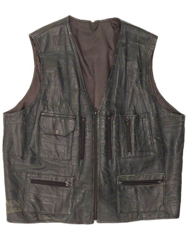 Colete utilitário de couro masculino vintage UK 46 3XL patchwork preto