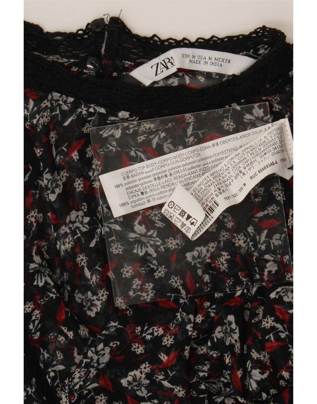 Blusa feminina de manga comprida Zara UK 14 poliéster floral preto médio