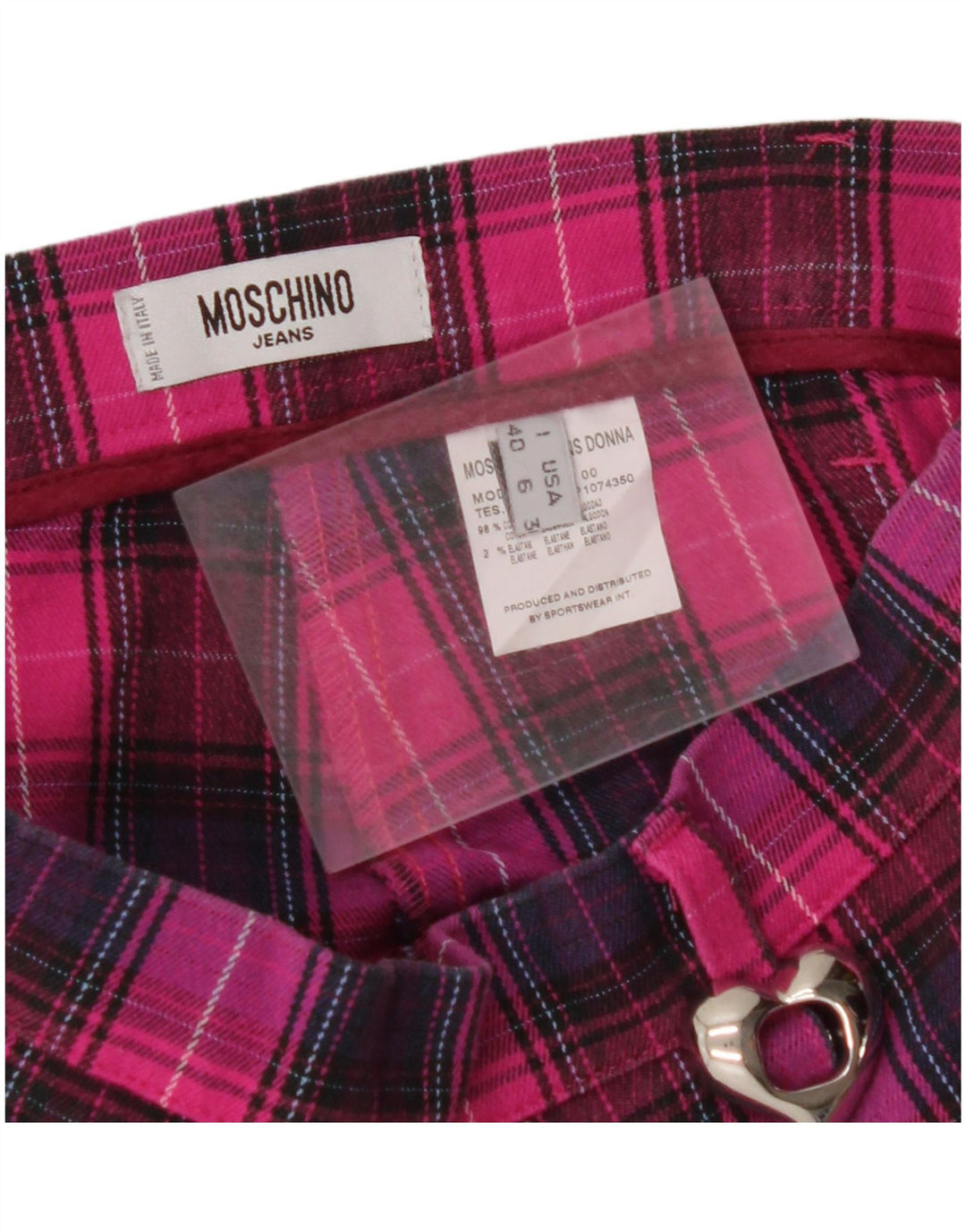 Calça feminina casual reta MOSCHINO Reino Unido 10 pequena W28 L28 rosa xadrez