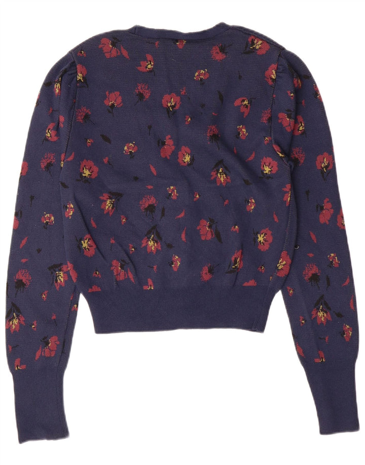 Suéter cardigã feminino ZARA Reino Unido 10 pequeno azul marinho floral poliamida