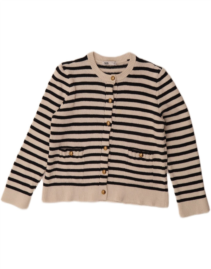 Suéter cardigã feminino oversized ZARA Reino Unido 14 listrado branco médio