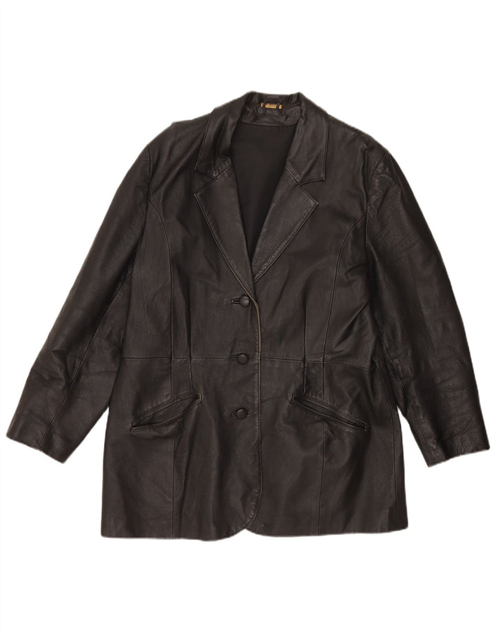 Jaqueta blazer de couro vintage feminina com 3 botões Reino Unido 20 2XL couro preto