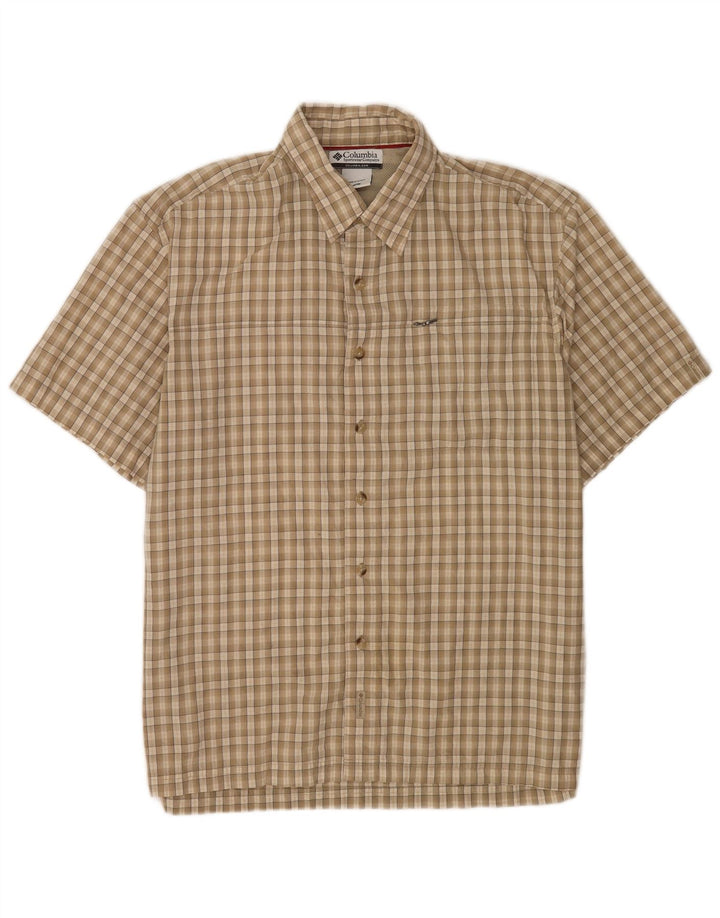 Camisa masculina Columbia de manga curta regular fit algodão xadrez bege médio