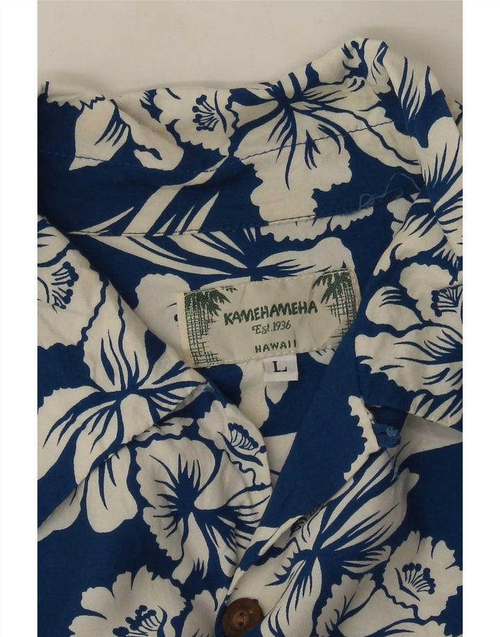 Camisa masculina de manga curta Kamehameha grande azul floral