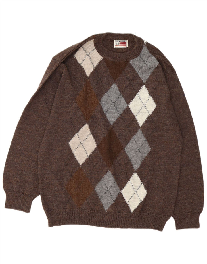 Suéter vintage masculino com gola redonda grande marrom Argyle/Diamante