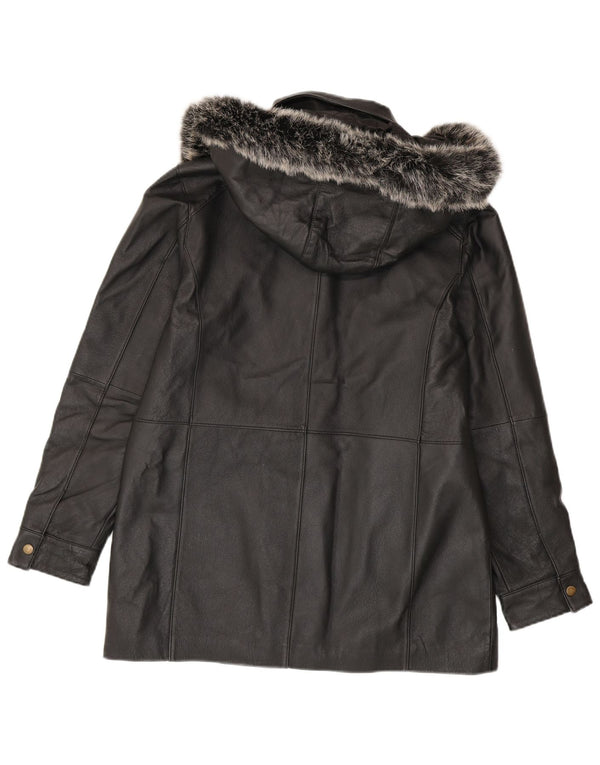 Jaqueta de couro vintage feminina com capuz UK 14 médio preto