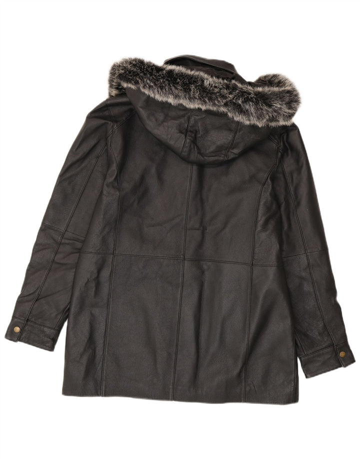 Jaqueta de couro vintage feminina com capuz UK 14 médio preto