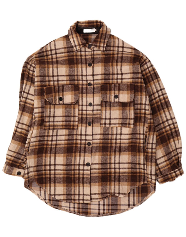 Vestido camisa de flanela grande vintage feminino Reino Unido 10 pequeno algodão xadrez marrom