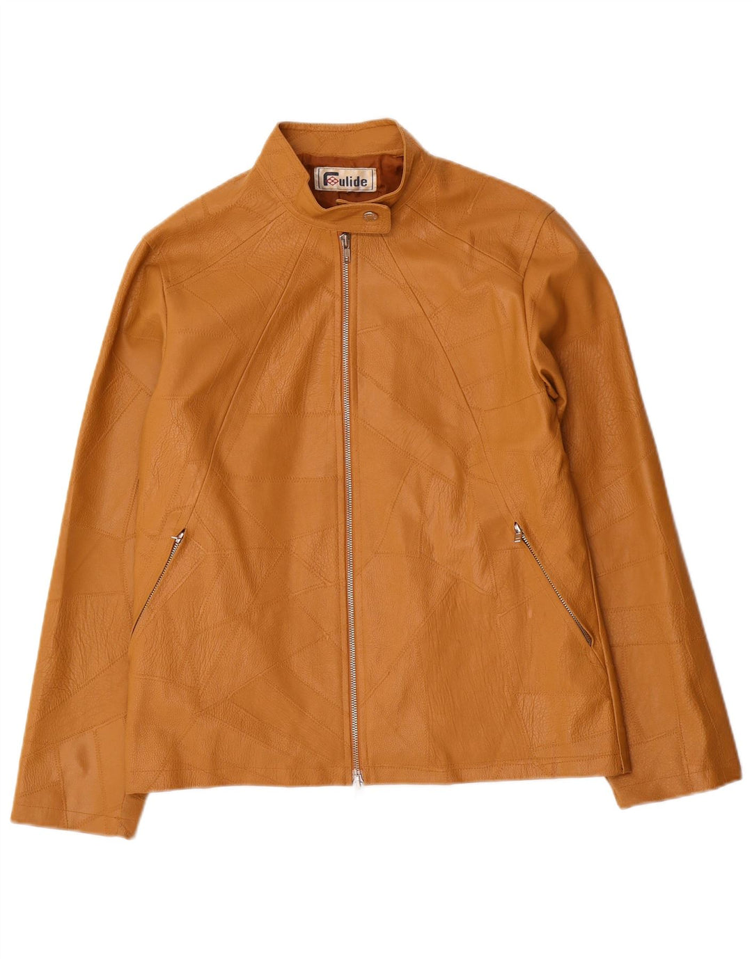 Jaqueta feminina vintage de couro sintético Reino Unido 14 grande patchwork bege polivinil