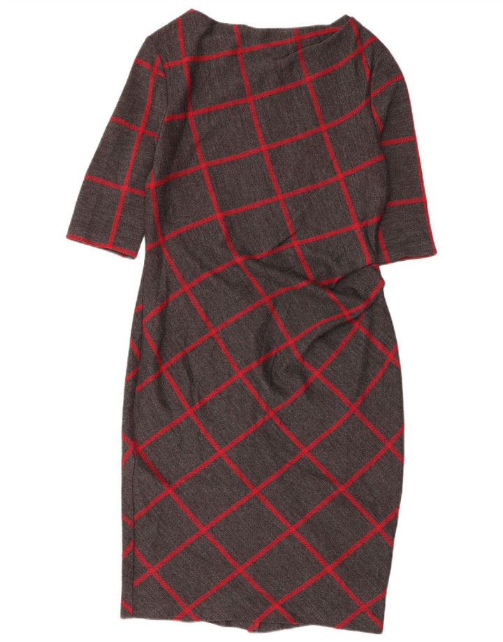 Vestido feminino JASPER CONRAN manga 3/4 com bainha UK 14 xadrez cinza médio