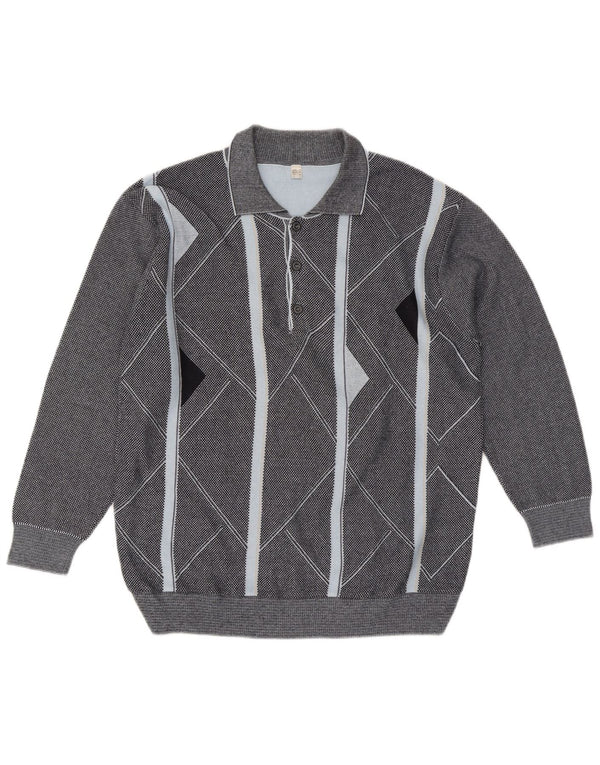 Suéter vintage masculino com gola polo IT 56 XL algodão geométrico cinza