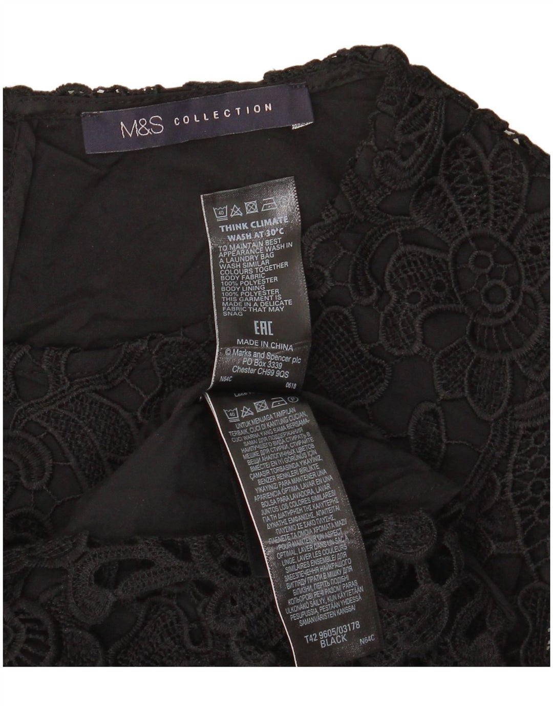 Vestido feminino Marks & Spencer com bainha de renda Reino Unido 8 pequeno preto floral poliéster