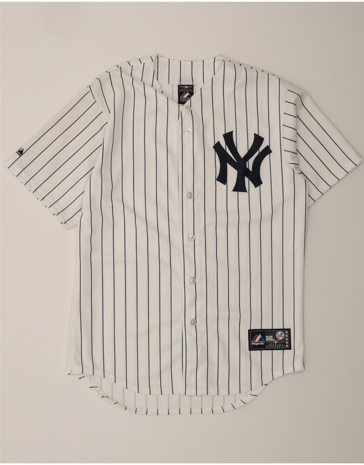 MAJESTIC Camiseta masculina New York Yankees com estampa gráfica média listrada branca