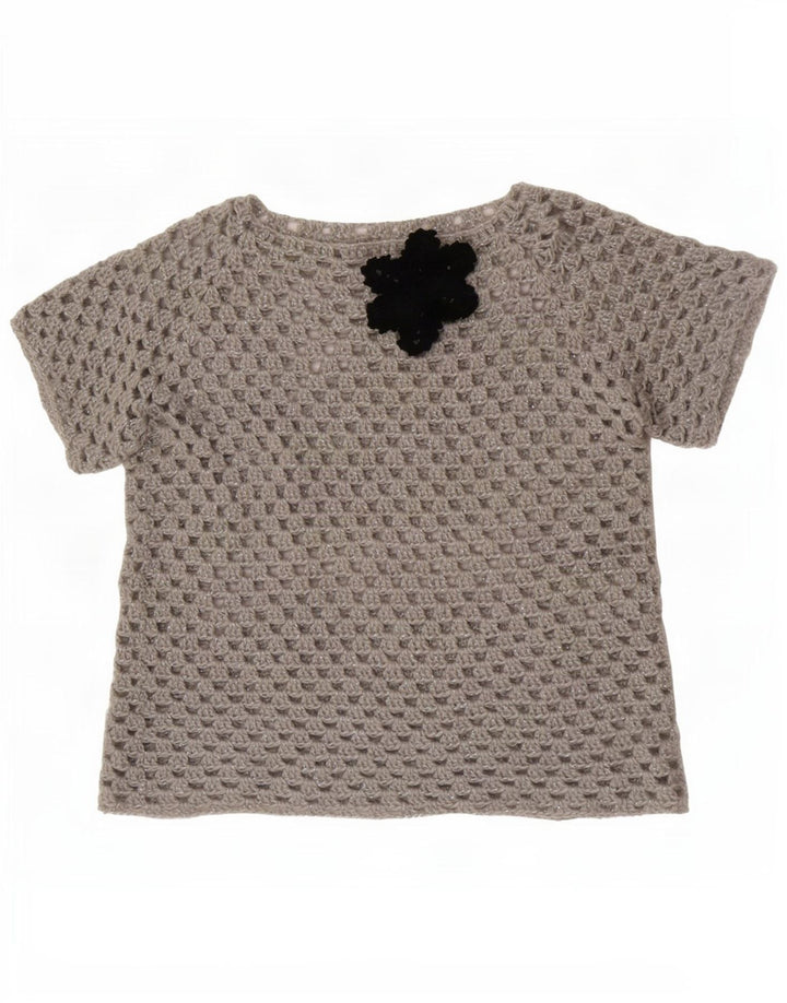 Blusa feminina vintage transparente UK 16 grande cinza floral