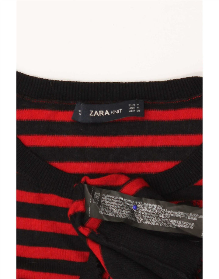 Suéter feminino Zara com gola redonda UK 12 Modal listrado vermelho médio