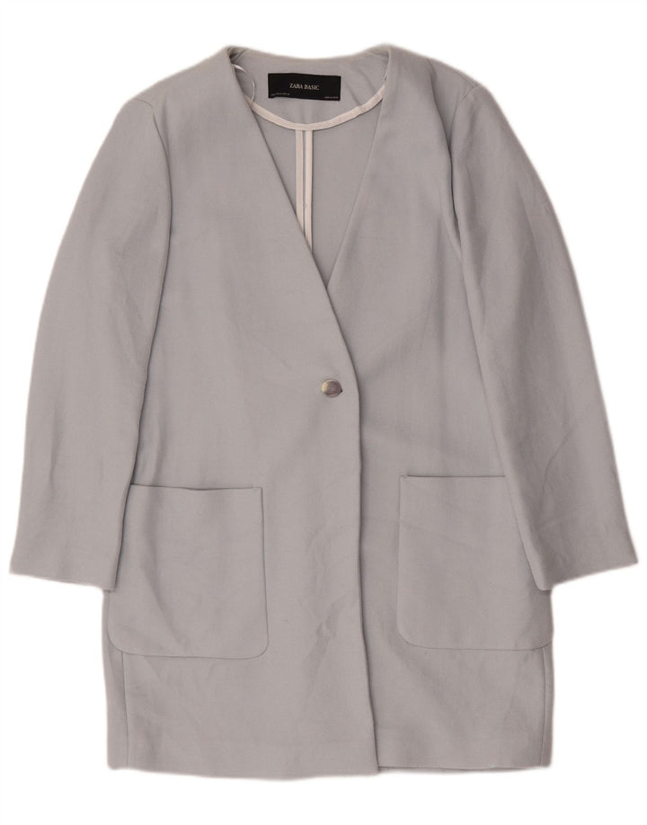 Jaqueta blazer feminina Zara Longline 1 botão Reino Unido 14 algodão azul médio