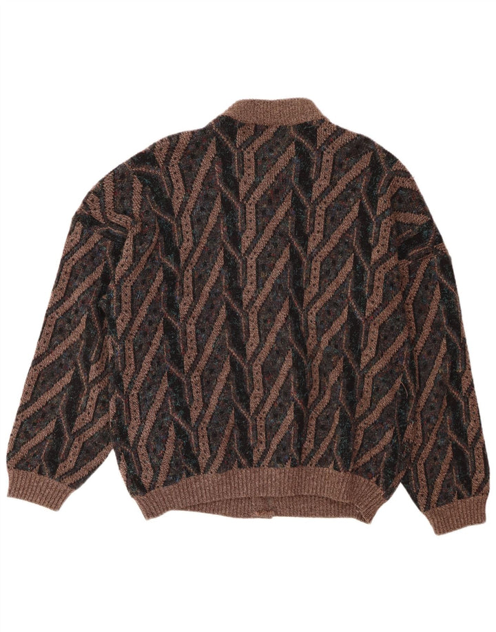 Suéter cardigã masculino vintage grande marrom geométrico