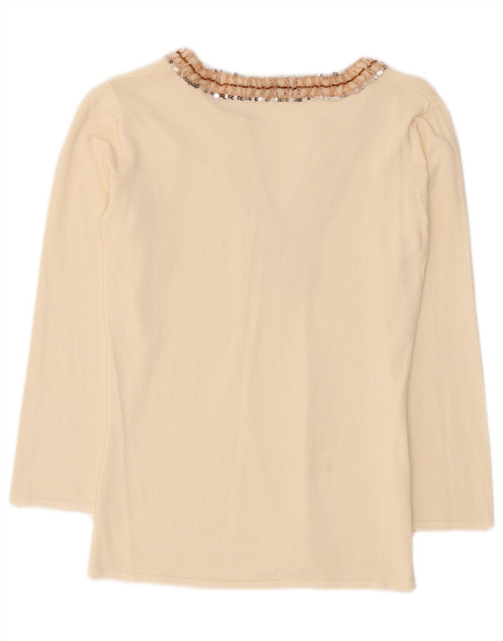 Top feminino Zara manga comprida UK 12 viscose bege médio