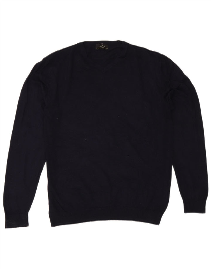 Suéter feminino Zara com decote em V Reino Unido 14 médio azul marinho