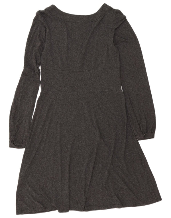 Vestido feminino Zara manga comprida evasê Reino Unido 14 grande viscose manchada cinza
