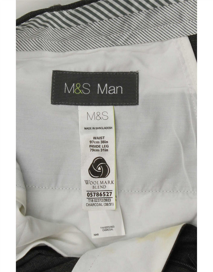 Calça masculina de terno reto Marks & Spencer W38 L31 lã cinza