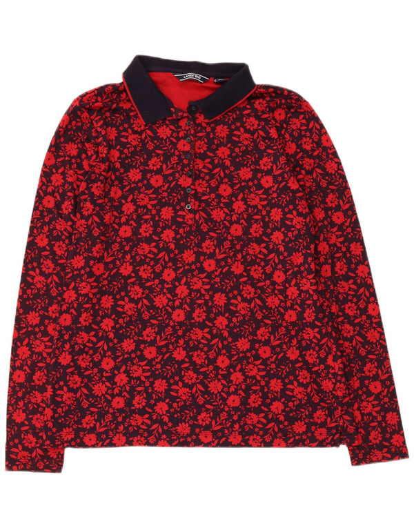 Camisa polo feminina de manga comprida Lands End Reino Unido 12 algodão floral vermelho médio