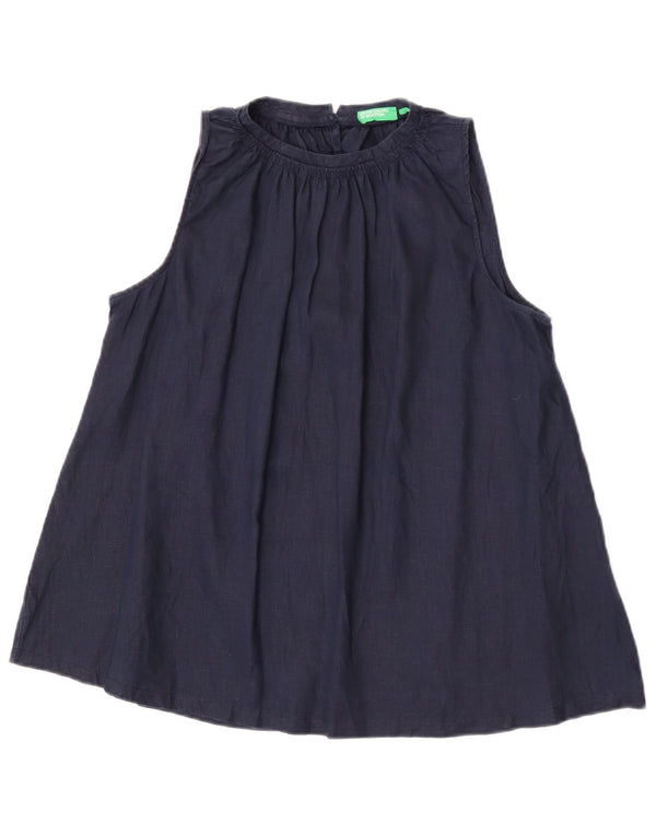 Blusa feminina sem mangas Benetton UK 10 pequena linho azul marinho