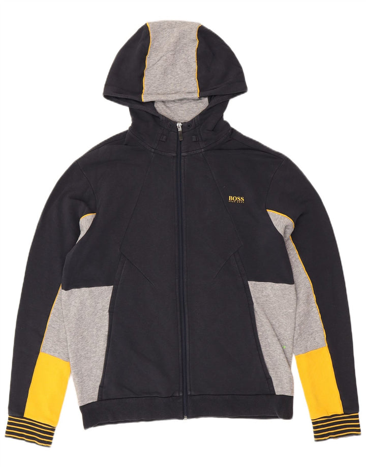 Suéter masculino com capuz e zíper regular HUGO BOSS grande bloco colorido azul marinho