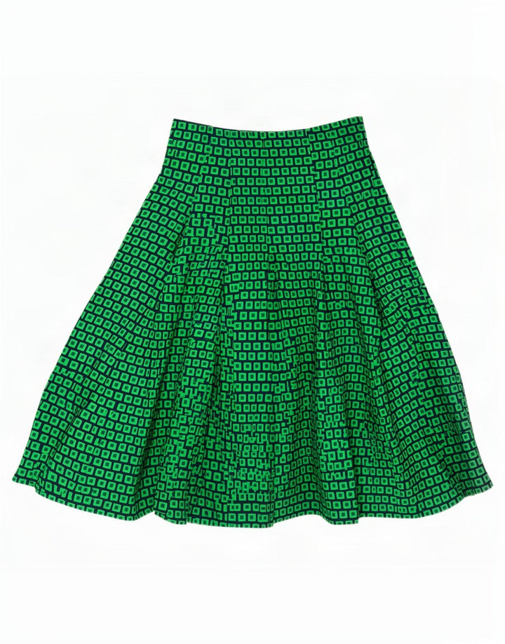 Saia feminina vintage evasê EU 40 médio W28 poliéster geométrico verde