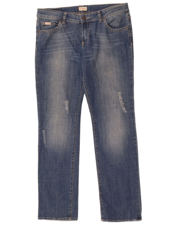 Calça jeans reta feminina Calvin Klein desgastada W33 L32 algodão azul