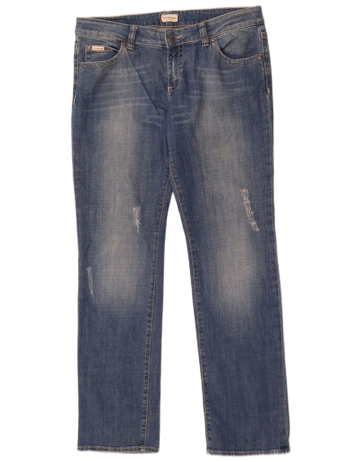 Calça jeans reta feminina Calvin Klein desgastada W33 L32 algodão azul