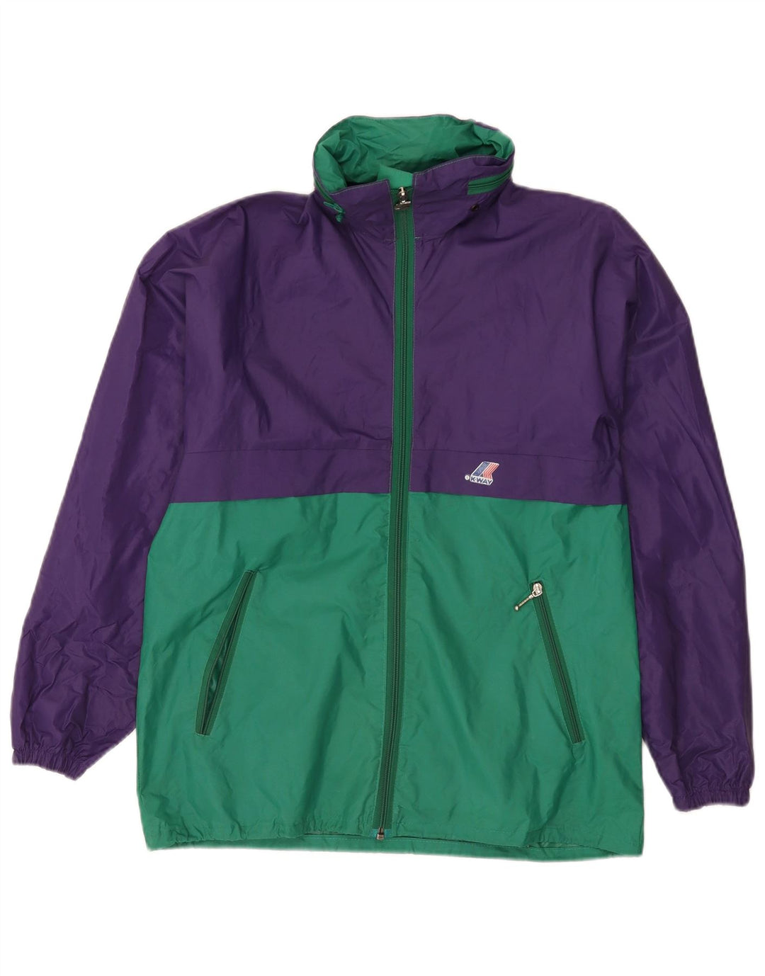 Jaqueta de chuva masculina com capuz K-Way UK 38 poliamida colorblock roxo médio